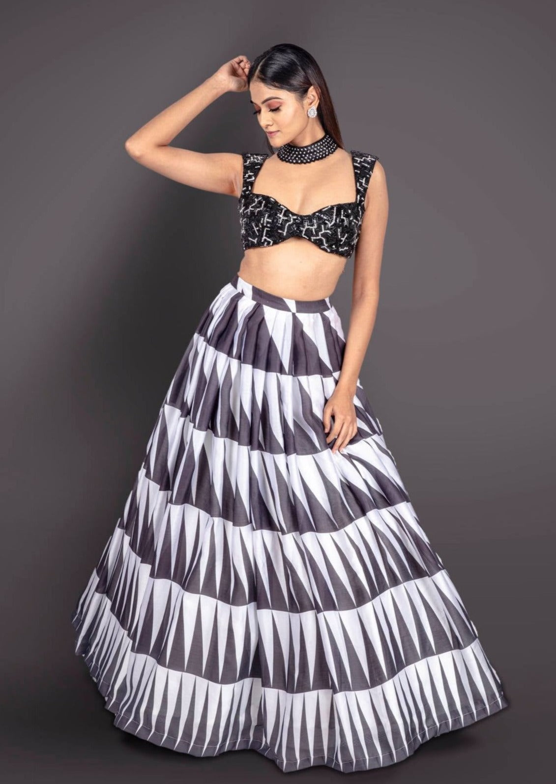 Black And White Lehenga With Stylish Blouse And Matching Choker