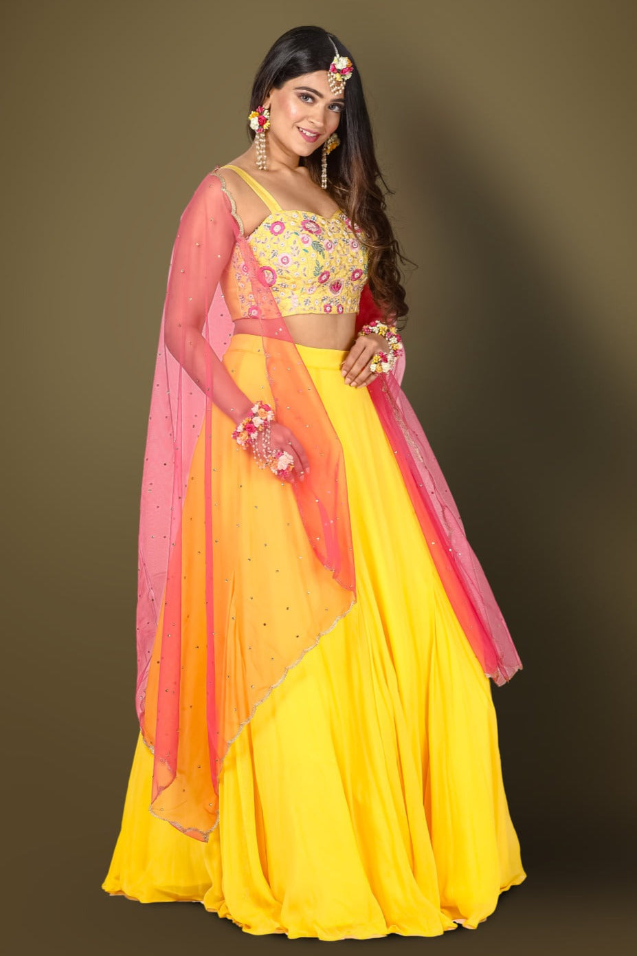 Laxmi Fashion Satin Silk Pink-blue Lehenga Choli With Yellow Printed Dupatta  at Rs 1699 in Surat