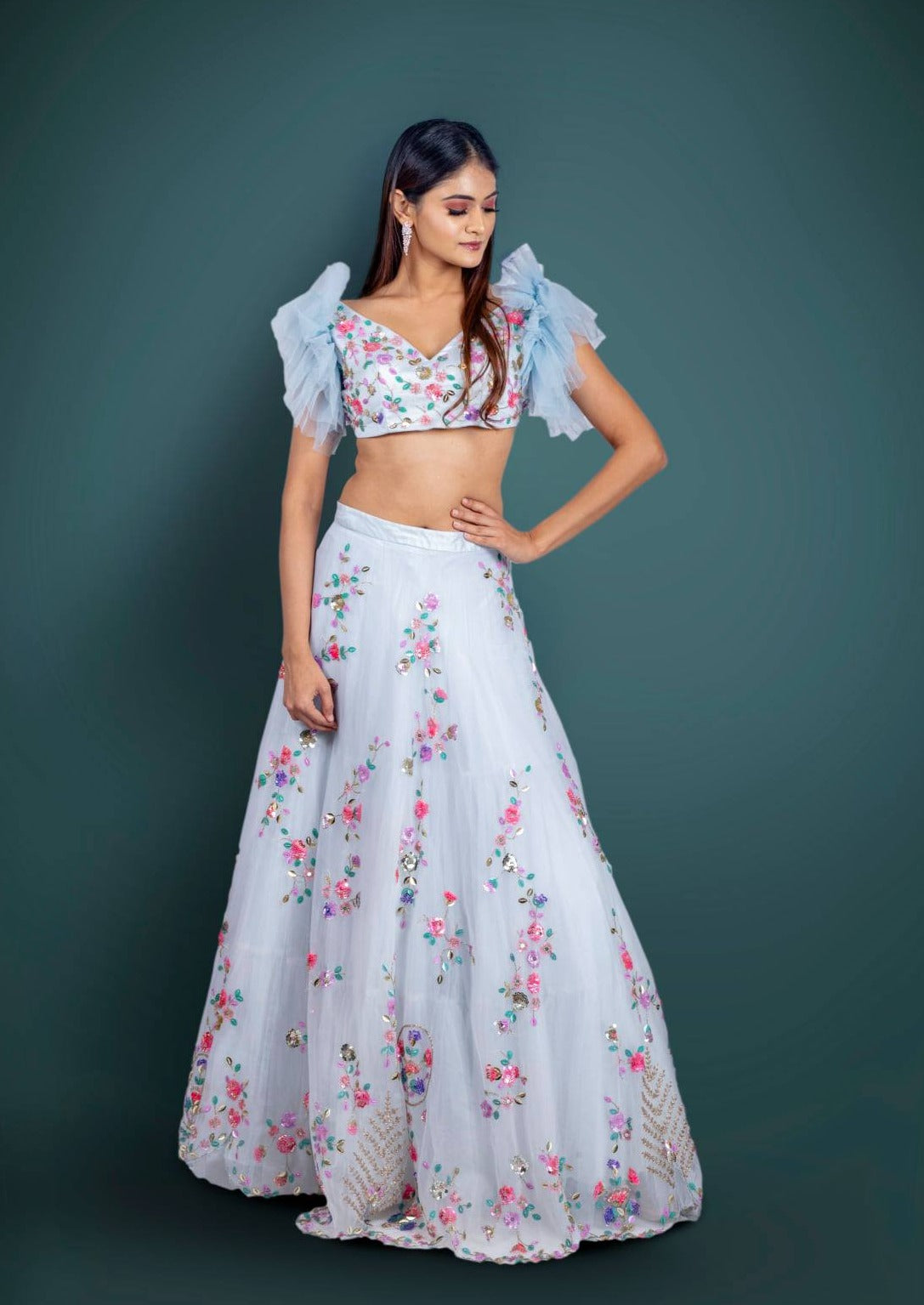 Powder Blue Lehenga And Crop Top With 3D Flower Cluster And A Ruffle Dupatta