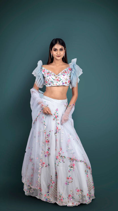 Powder Blue Lehenga And Crop Top With 3D Flower Cluster And A Ruffle Dupatta