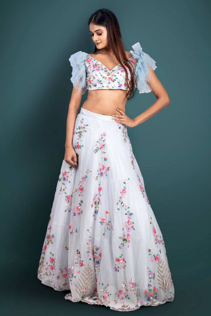 Powder Blue Lehenga And Crop Top With 3D Flower Cluster And A Ruffle Dupatta