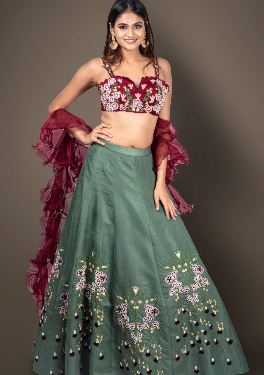 Maroon Crop Top And Skirt Embraced With Bell Shaped Sleeves – Viraaya By  Ushnakmals