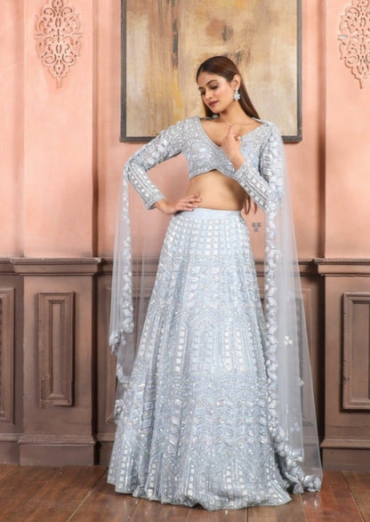 Maya Blue Lehenga Set With Salli,Pot,Kutdana,& Sequins Work In Geometric Pattern